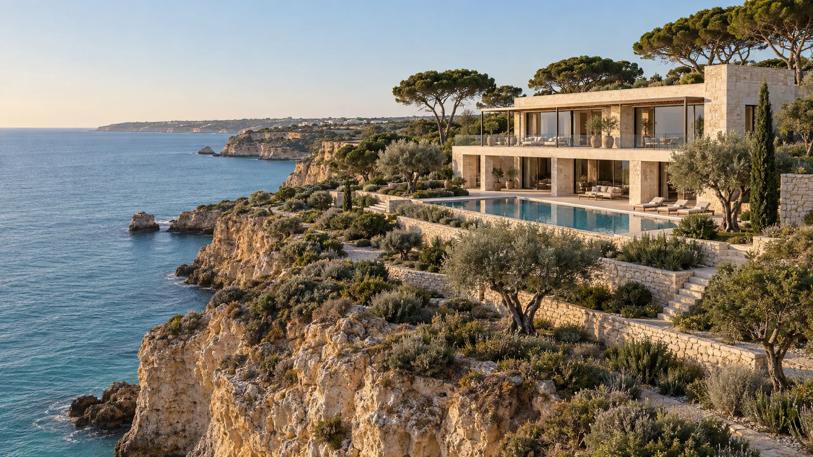 Sunlit coastal villa, terraces and turquoise sea