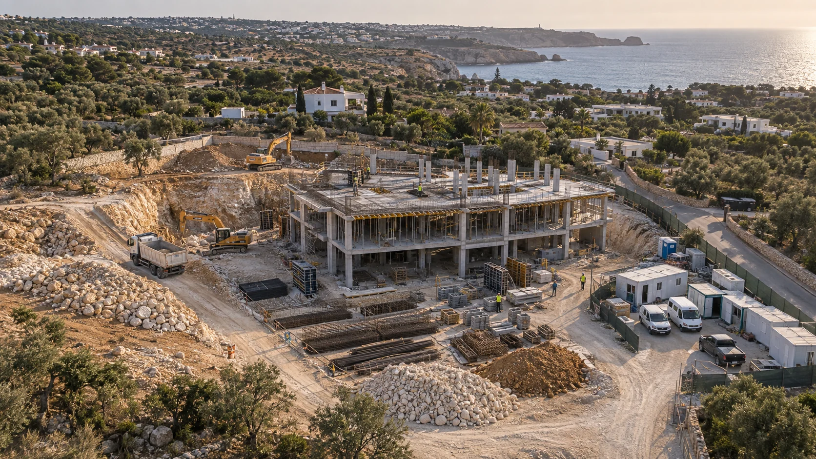 Aerial perspective of construction earthworks and a building in progress