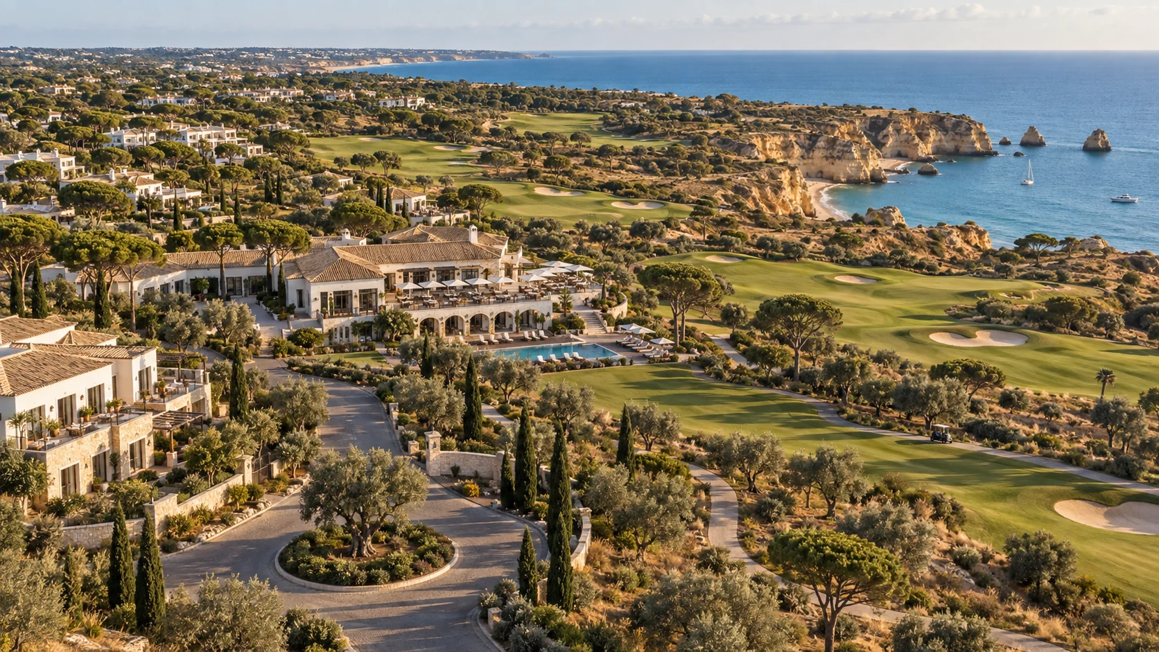 Mediterranean resort buildings, landscaped grounds and golf course seen from above